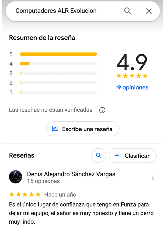 Calificación cinco estrellas en Google del servicio de mantenimiento de computadores