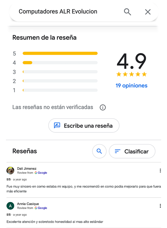 Calificación cinco estrellas en Google del servicio de mantenimiento de computadores